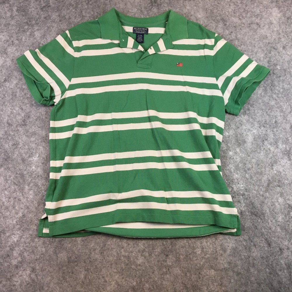 Polo Ralph Lauren Polo Shirt XL Mens Green Stripe 100 Cotton Flag Logo